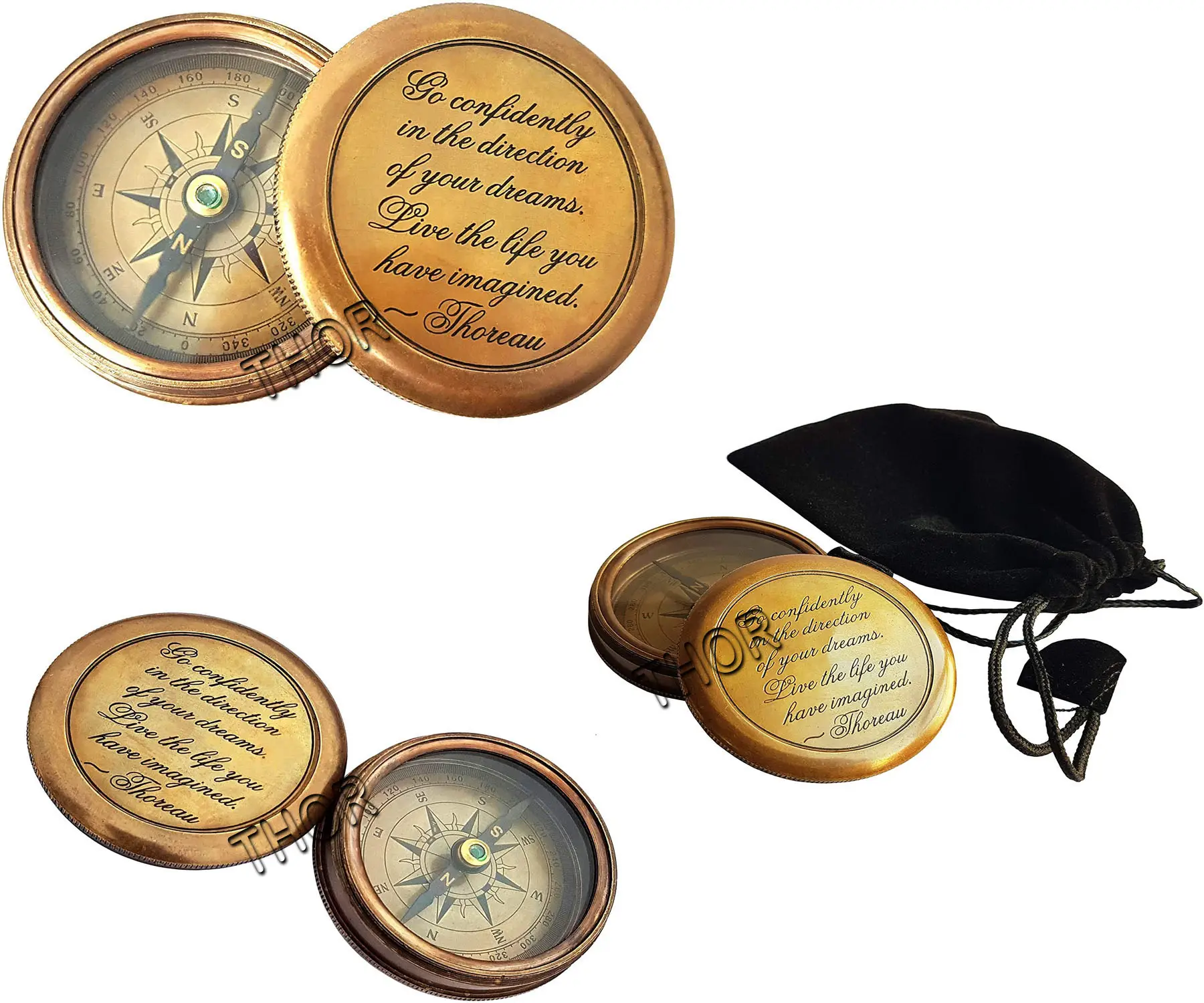 Antique Brass Poem Compass Nautical Brass Camping Hiking Marine Pocket Compass Home Decor