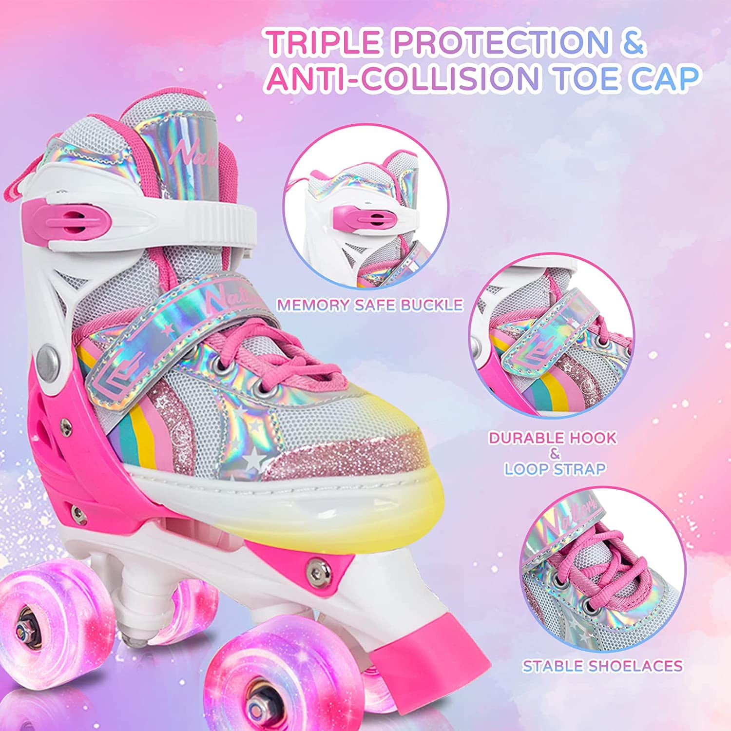 Nattork Roller Skates Rainbow for Gilrs Boys Kids 4 Sizes Adjustable Pink Size S