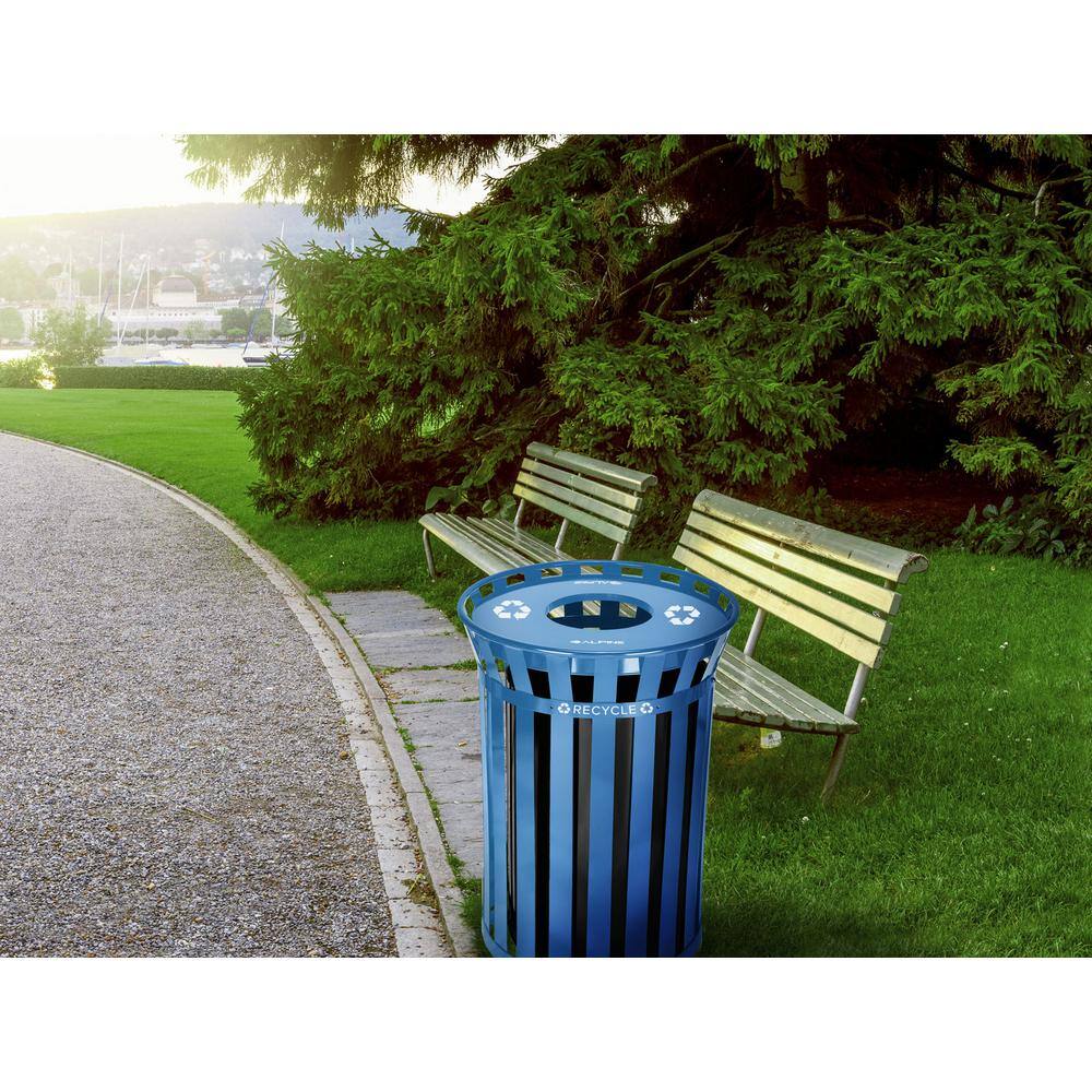 Alpine Industries 38 Gal. Blue Metal Slatted Outdoor Commercial Recycling Receptacle Trash Can 479-38-BLU