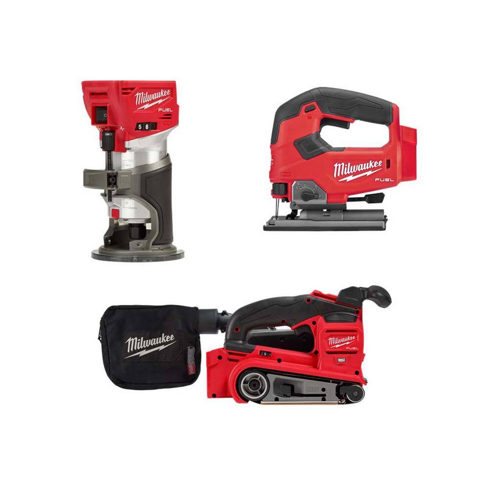 MW M18 FUEL 18-Volt Lithium-Ion Brushless Cordless Compact Router Jigsaw and Belt Sander 2723-20-2737-20-2832-20