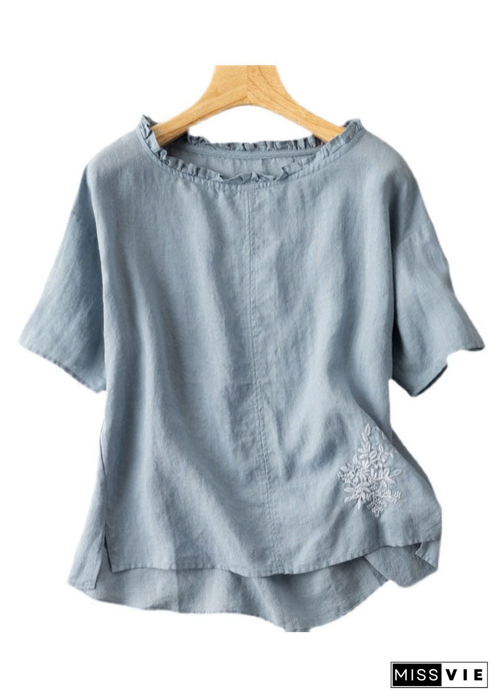 Classy Blue Ruffled Embroideried Patchwork Cotton T Shirts Tops Summer