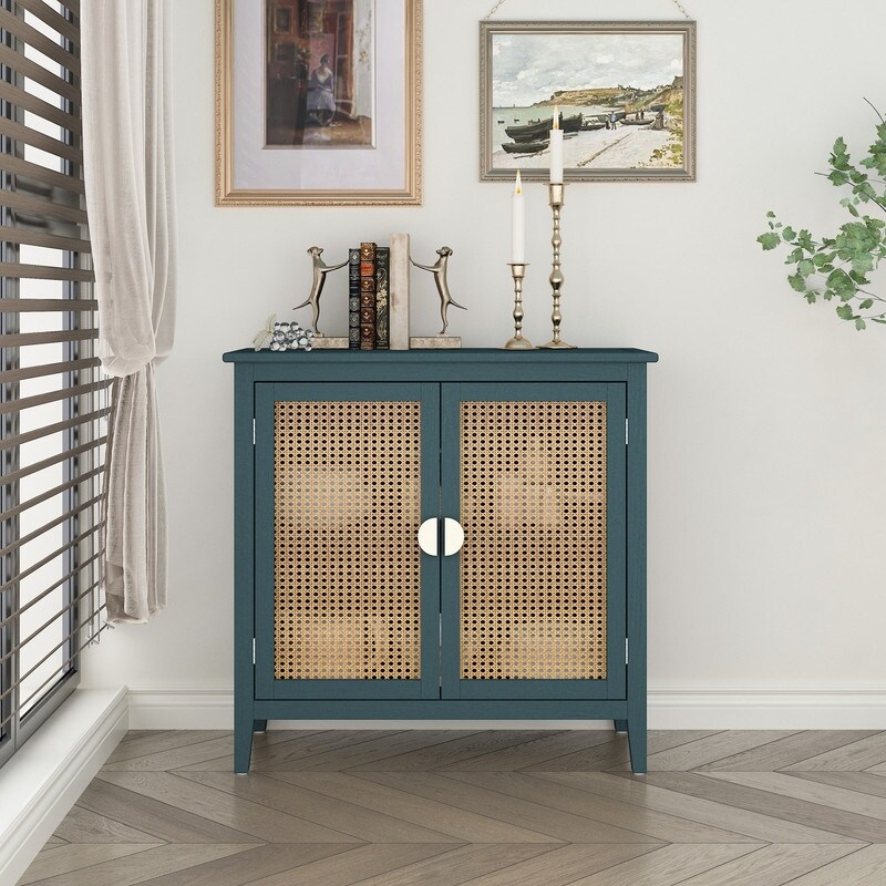 2 Door Natural Rattan Cabinet Buffet Sideboard with Metal Semi Circular Suitable for Bedroom  Living Room  Study