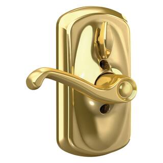 Schlage Plymouth Bright Brass Electronic Keypad Door Lock with Flair Handle and Flex Lock FE595 V PLY 505 FLA 605