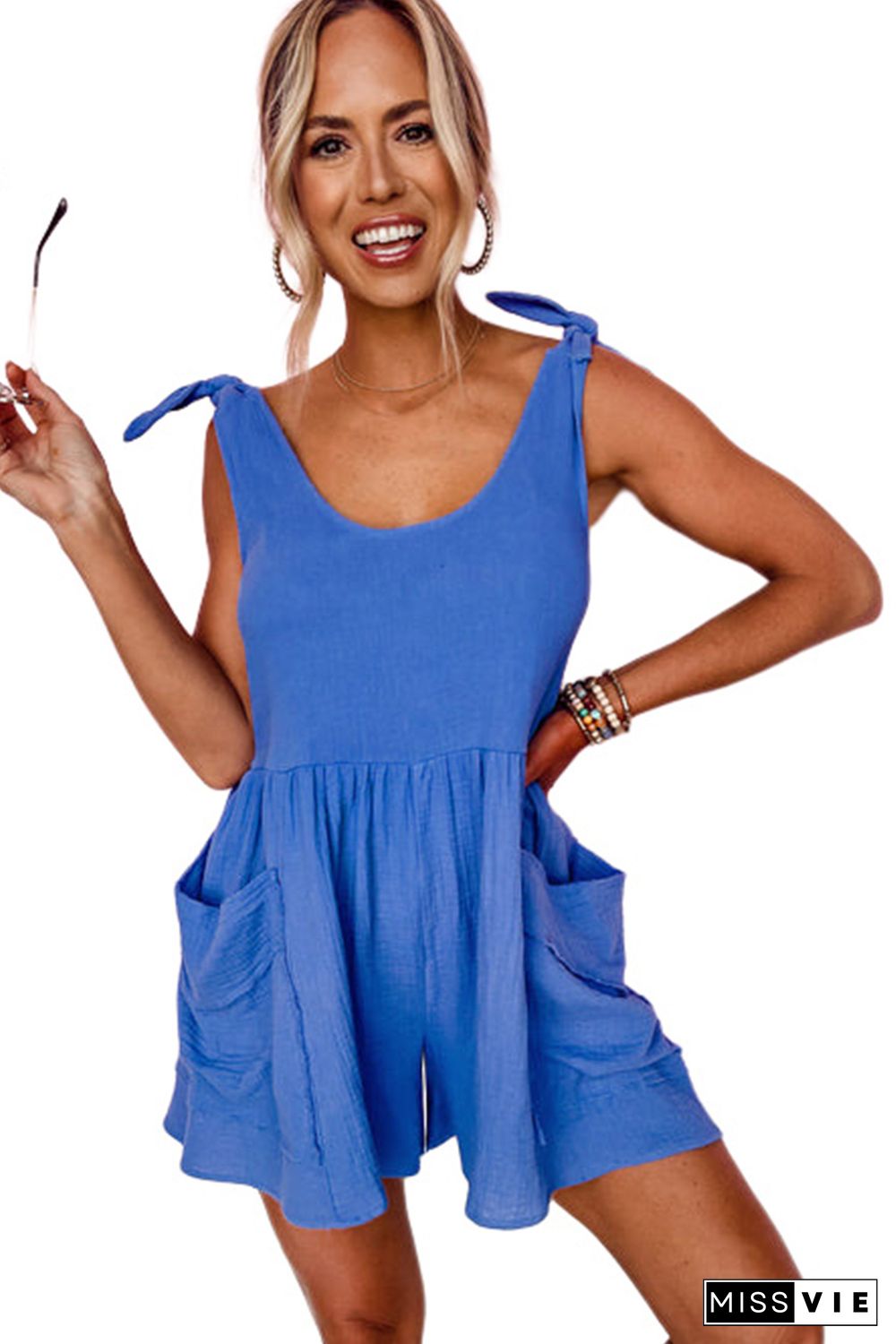 Blue Textured Knotted Straps High Waist Wide Leg Romper