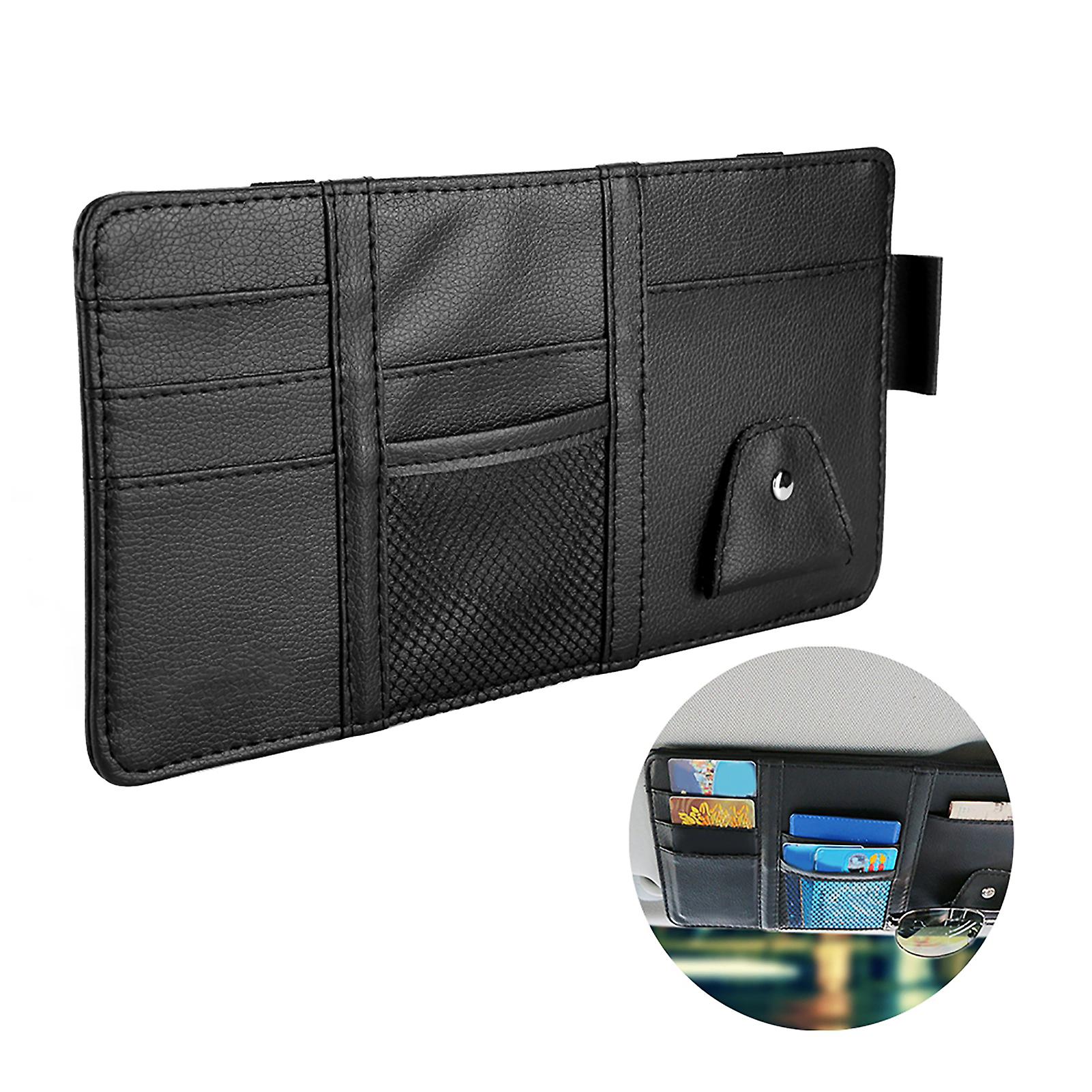 Car Sun Visor Card Bill Organizer Glasses Clip Pu Leather Multi-functional Storage Bag Black