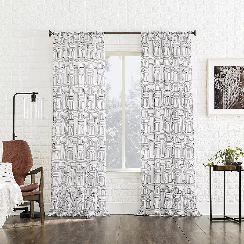 No. 918 Kaz Retro Embroidered Curves Sheer Rod Pocket 1 Window Curtain Panel