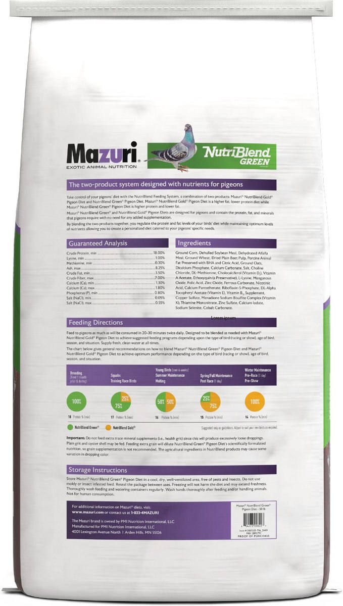 Mazuri Nutriblend Green Pigeon Bird Food， 50-lb bag