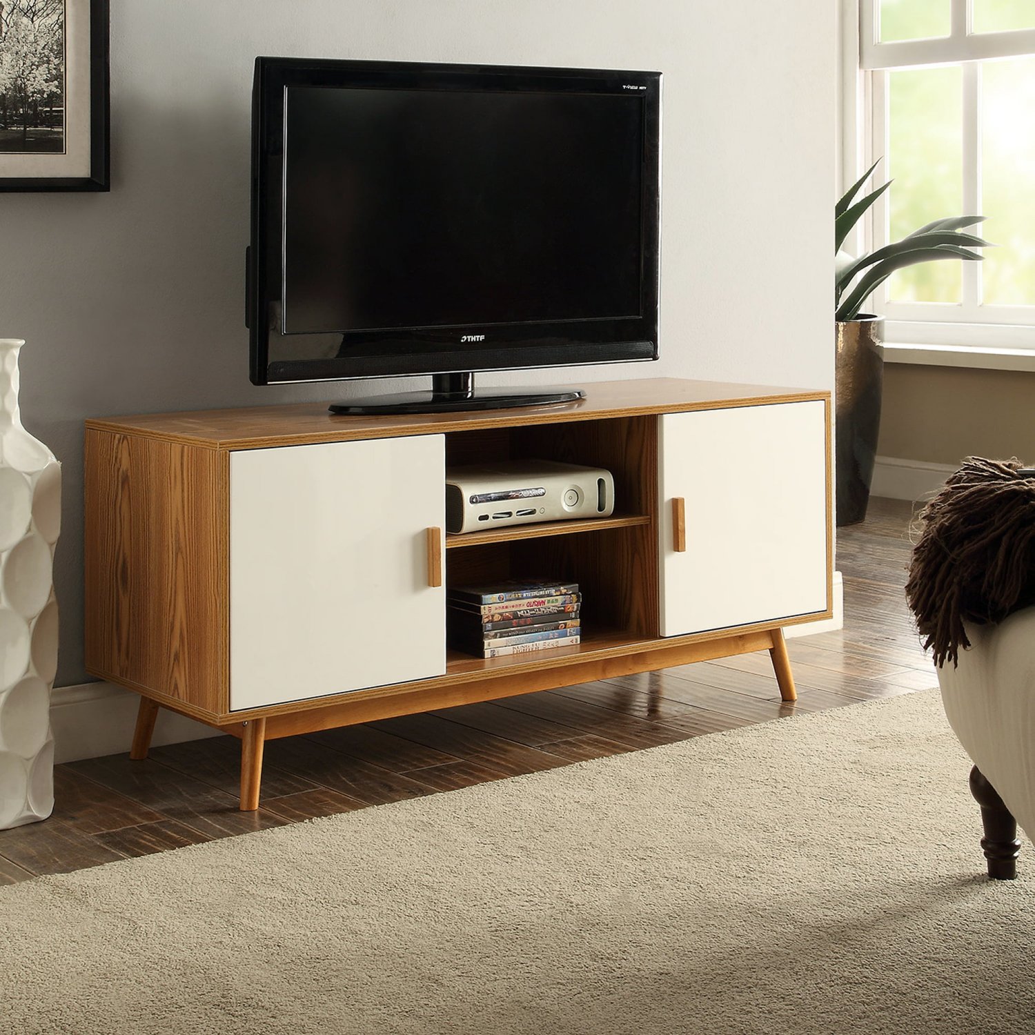 Oslo Tv Stand With Storage Cabinets And Shelves， Woodgrain/White