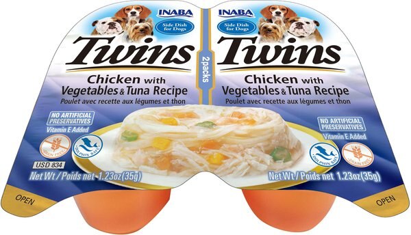 Inaba Twins Chicken with Vegetables and Tuna Recipe Grain-Free Dog Food Topper， 1.23-oz， pack of 2