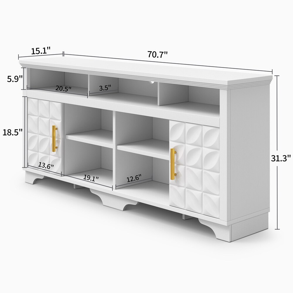 Moasis 70 inch Wooden Embossed TV Stand with 2 Cabinets and Adjustable Shelves