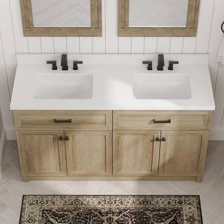 Home Decorators Collection 60 in. W x 34.5 in. H x 20 in. D Bath Vanity in Light Oak with White Engineered Stone Top HDTC60VW