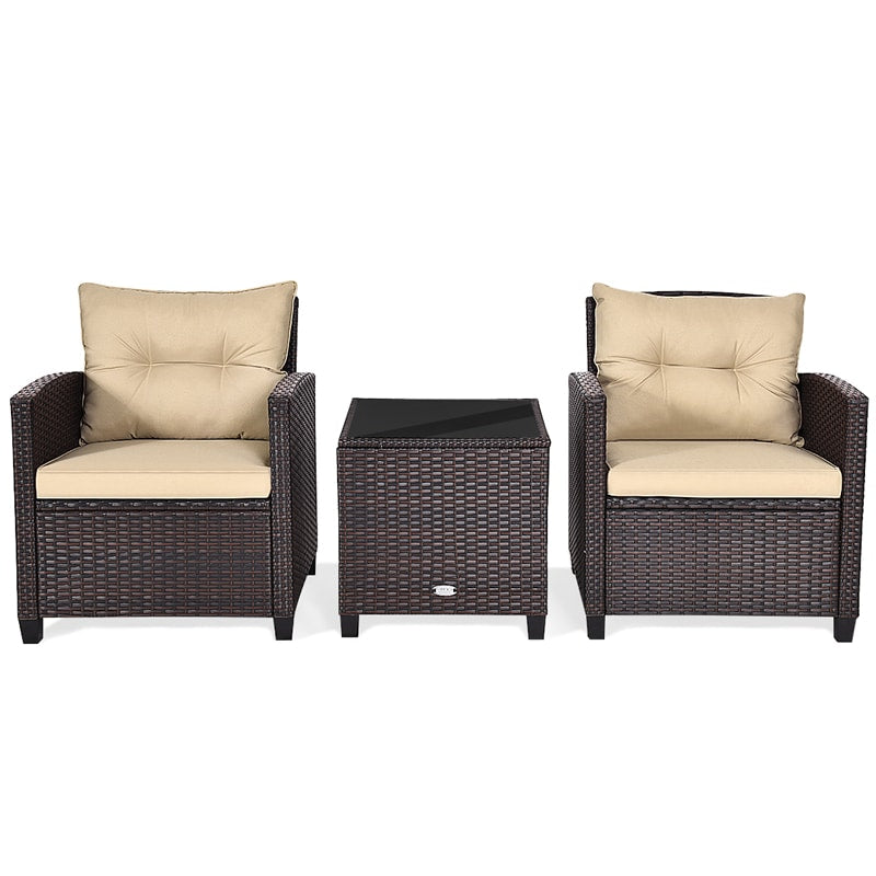 3 Pieces Patio Rattan Furniture Set Outdoor Wicker Conversation Set with Washable Cushion and Coffee Table