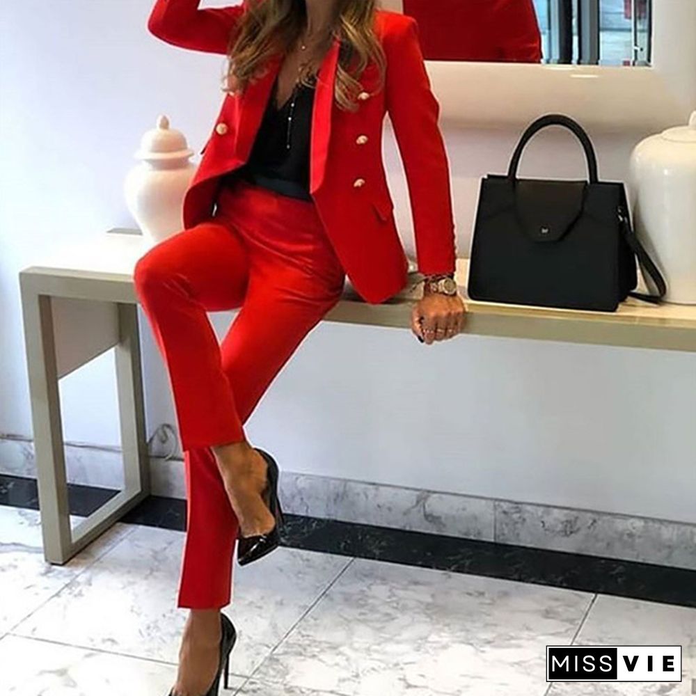 Women's Solid Color Suit Set Office Outfits Formal Work Blazer Jacket Pants Business