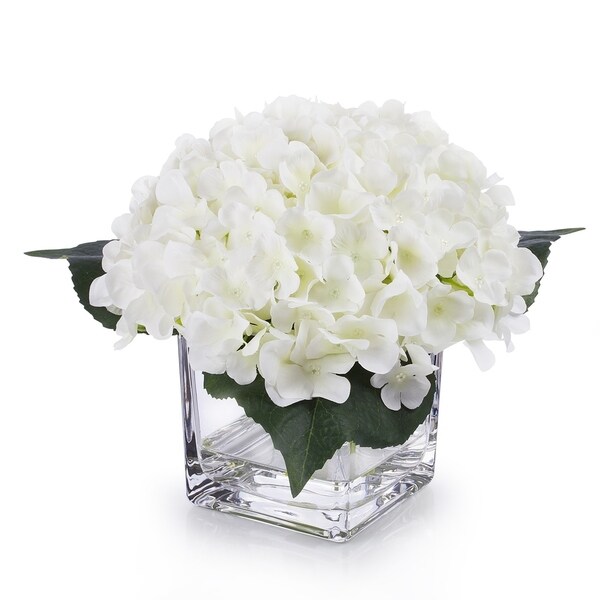 Enova Home Artificial Silk Hydrangea Fake Flowers Arrangement in Cube Glass Vase with Faux Water for Home Office Wedding Decor