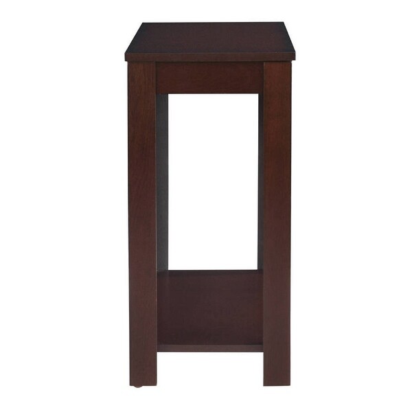 Transitional Chair Side Table Warm Brown Finish Flat Table Top Featuring a warm brown finish lower inlay shelf offers room