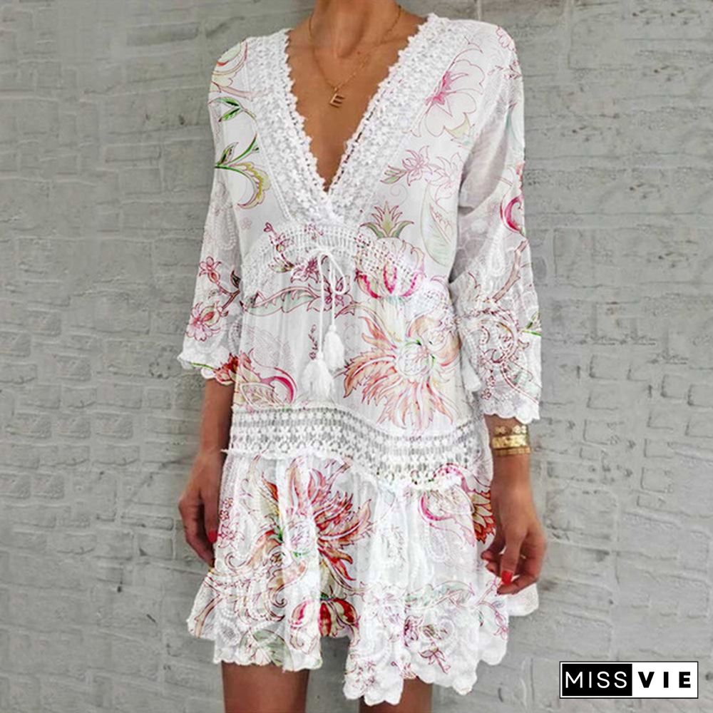 Women Fashion Floral Printed Dress Casual Beach Dress Summer V-Neck Lace Dress Sexy Party Dress 3/4 Sleeve Boho Dress