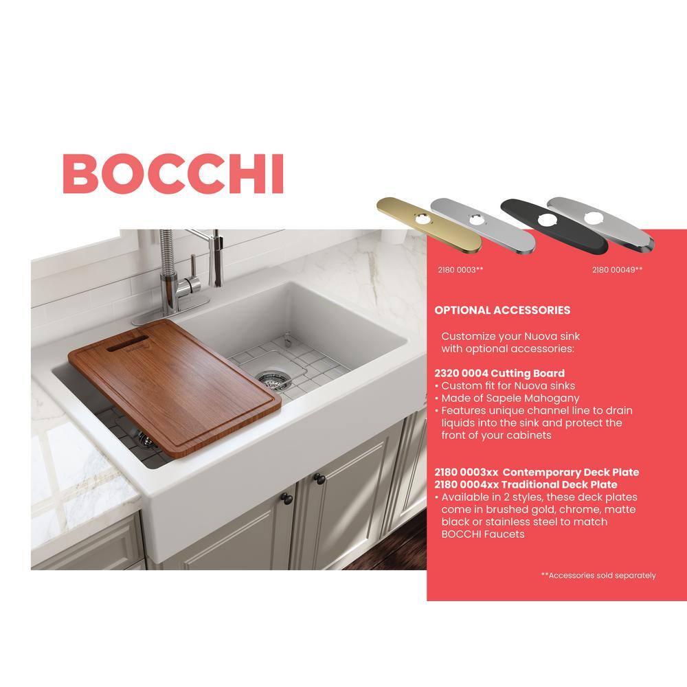 BOCCHI Nuova White Fireclay 34 in. Double Bowl Drop-In Apron Front Kitchen Sink with Protective Grids and Strainers 1501-001-0127