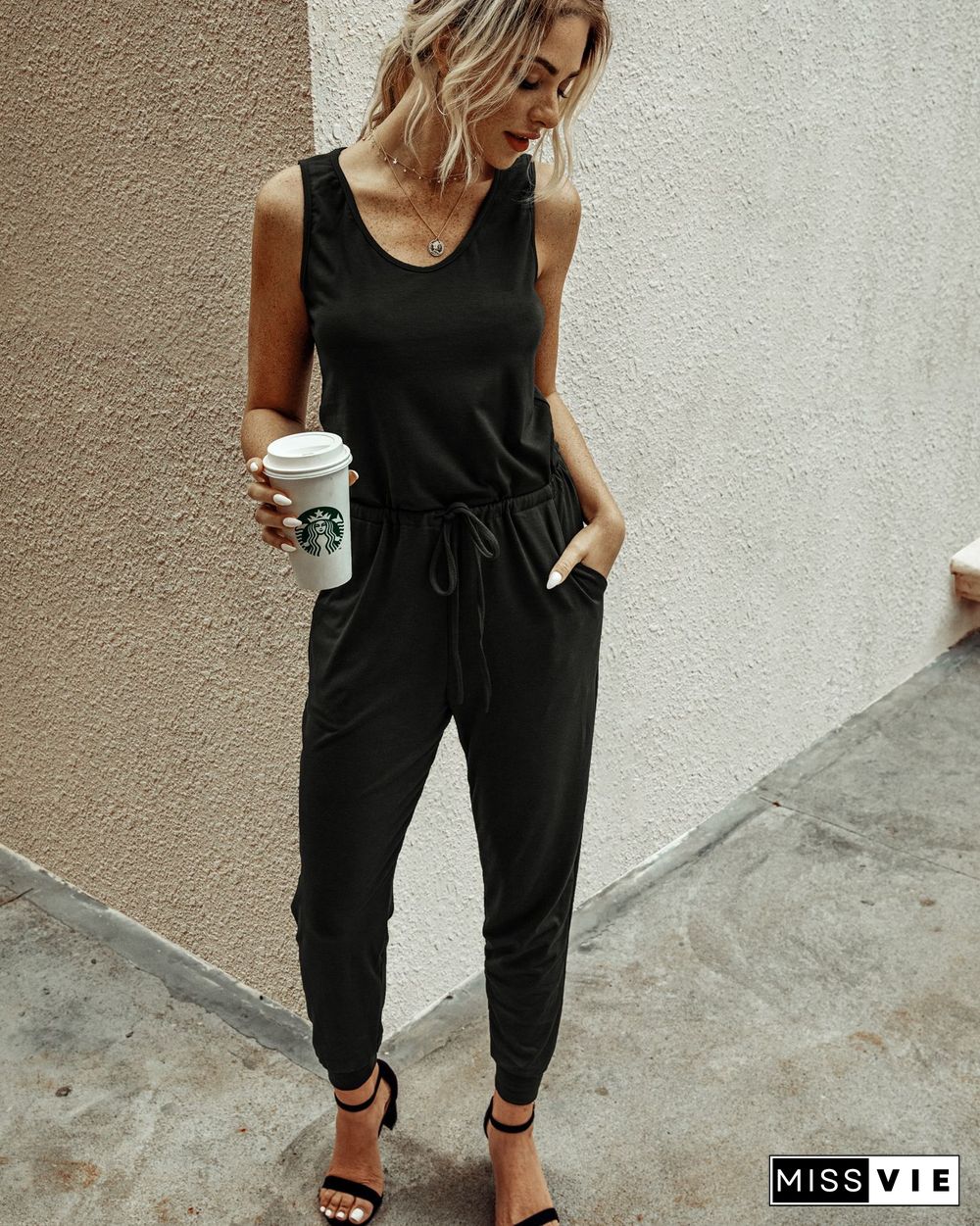 Black Solid Sleeveless Draw Cord Waist Jumpsuit