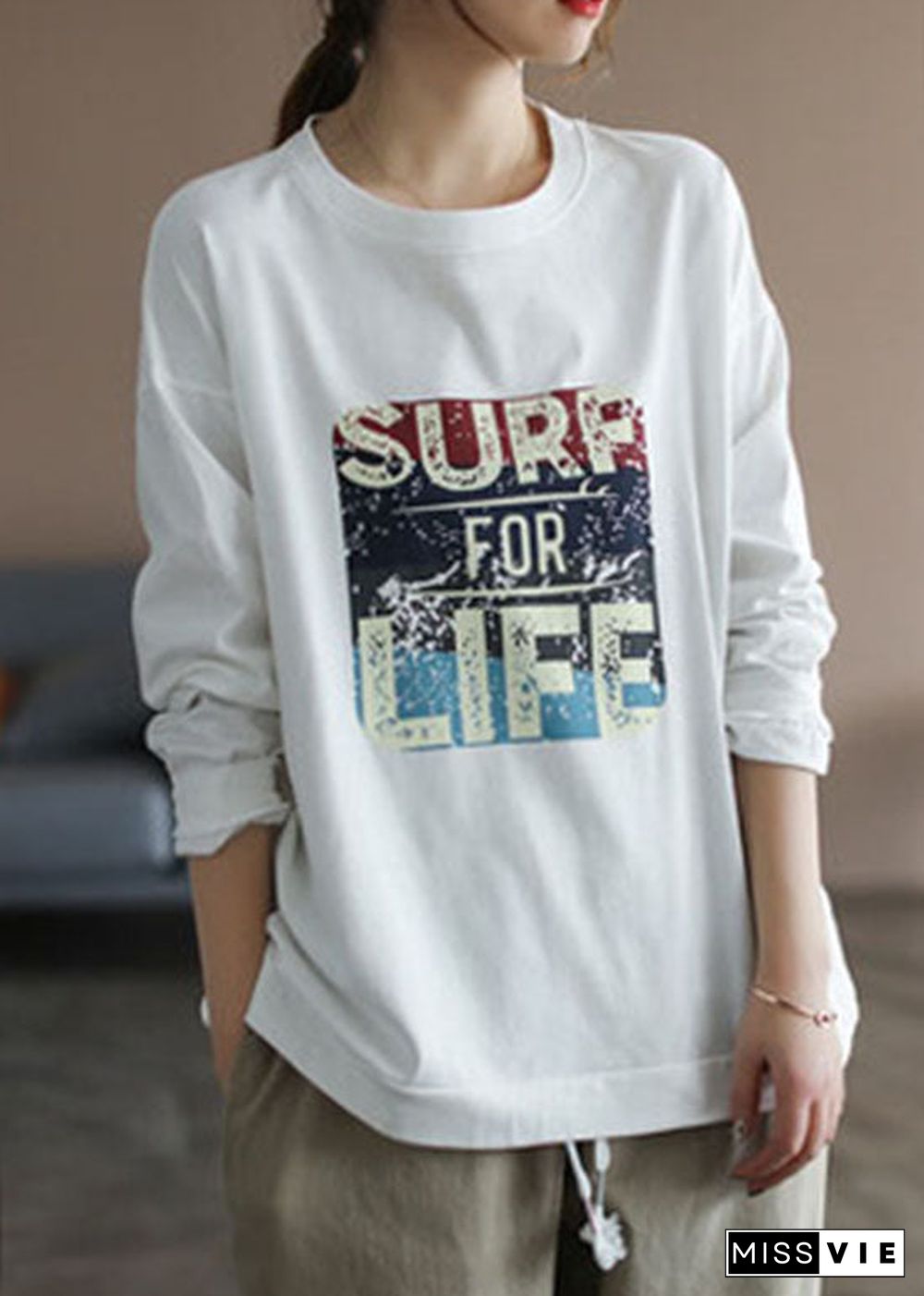 Italian White O-Neck Print Cotton Sweatshirt Streetwear Long Sleeve