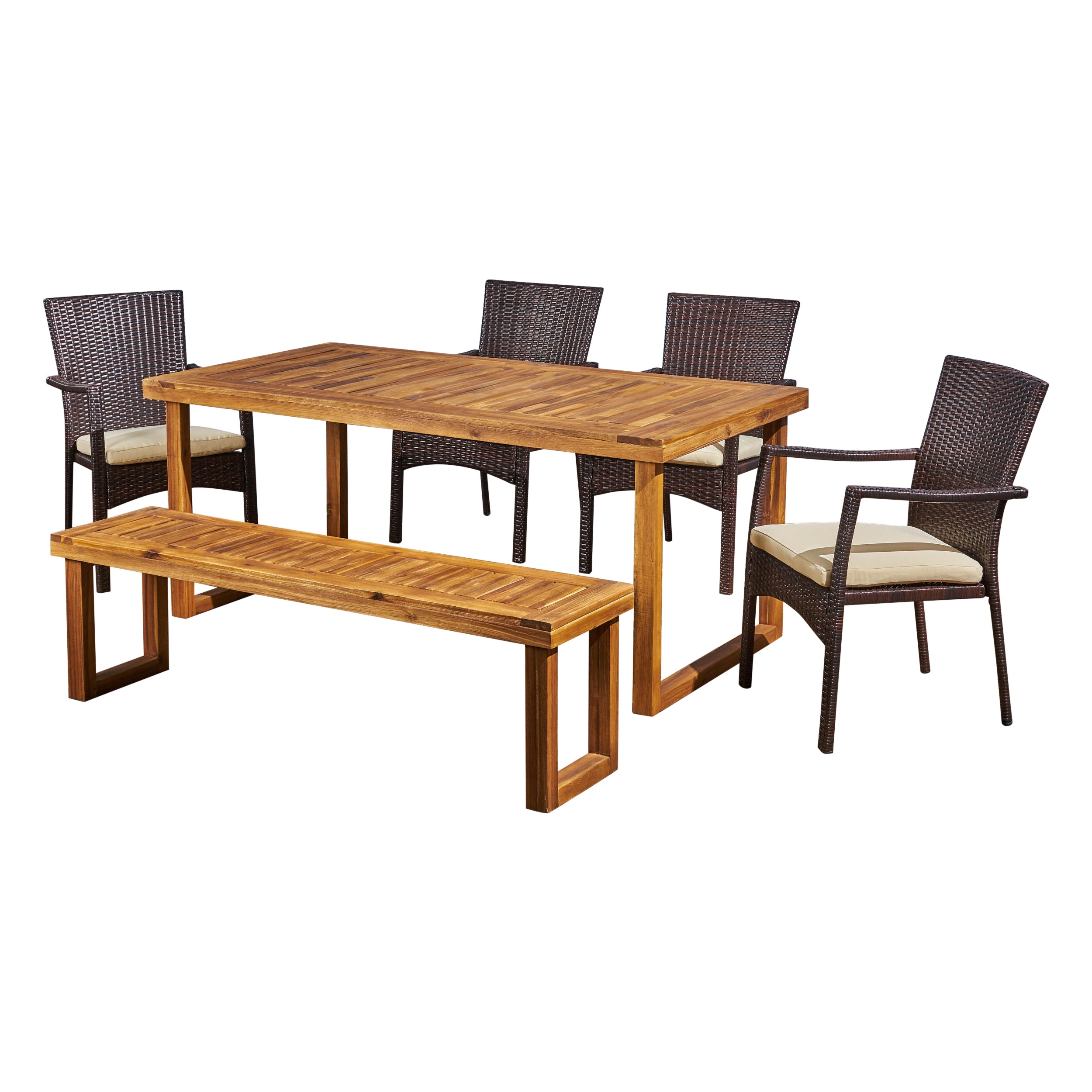 Dawn Outdoor 6-Seater Wood and Wicker Chair and Bench Dining Set