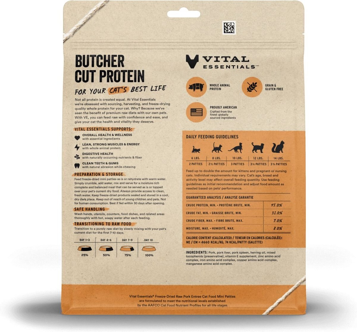 Vital Essentials Pork Dinner Patties Freeze-Dried Raw Cat Food， 8-oz bag