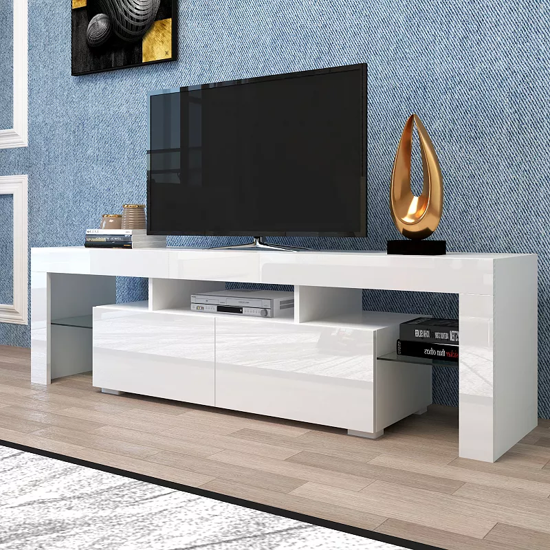 FC Design Modern TV Stand， LED TV Stand w/ Remote Control Lights