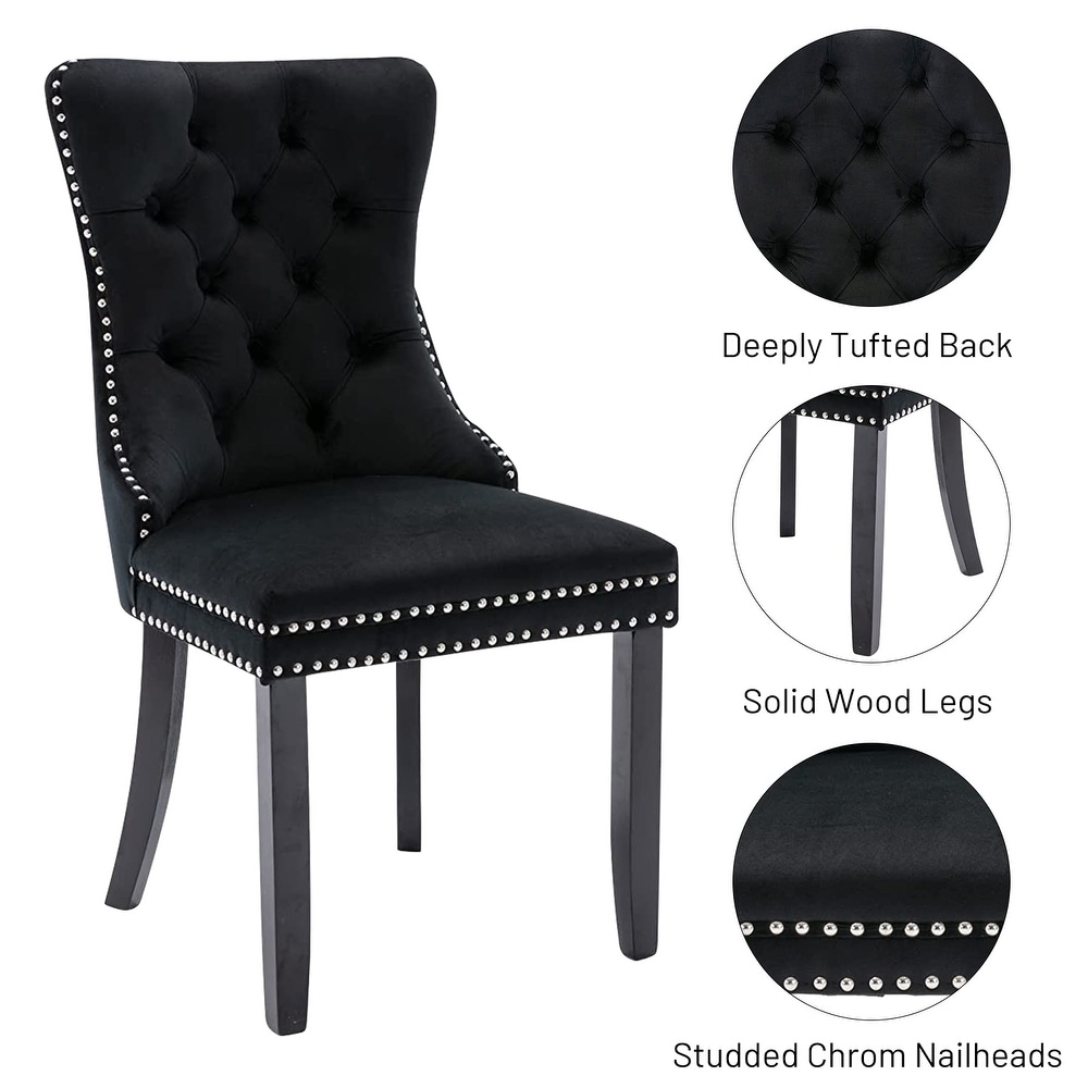 Set of 2 Velvet Dining Chairs Tufted Solid Wood Armless Chairs Accent Chair with Nailhead Trim and Back Ring Pull