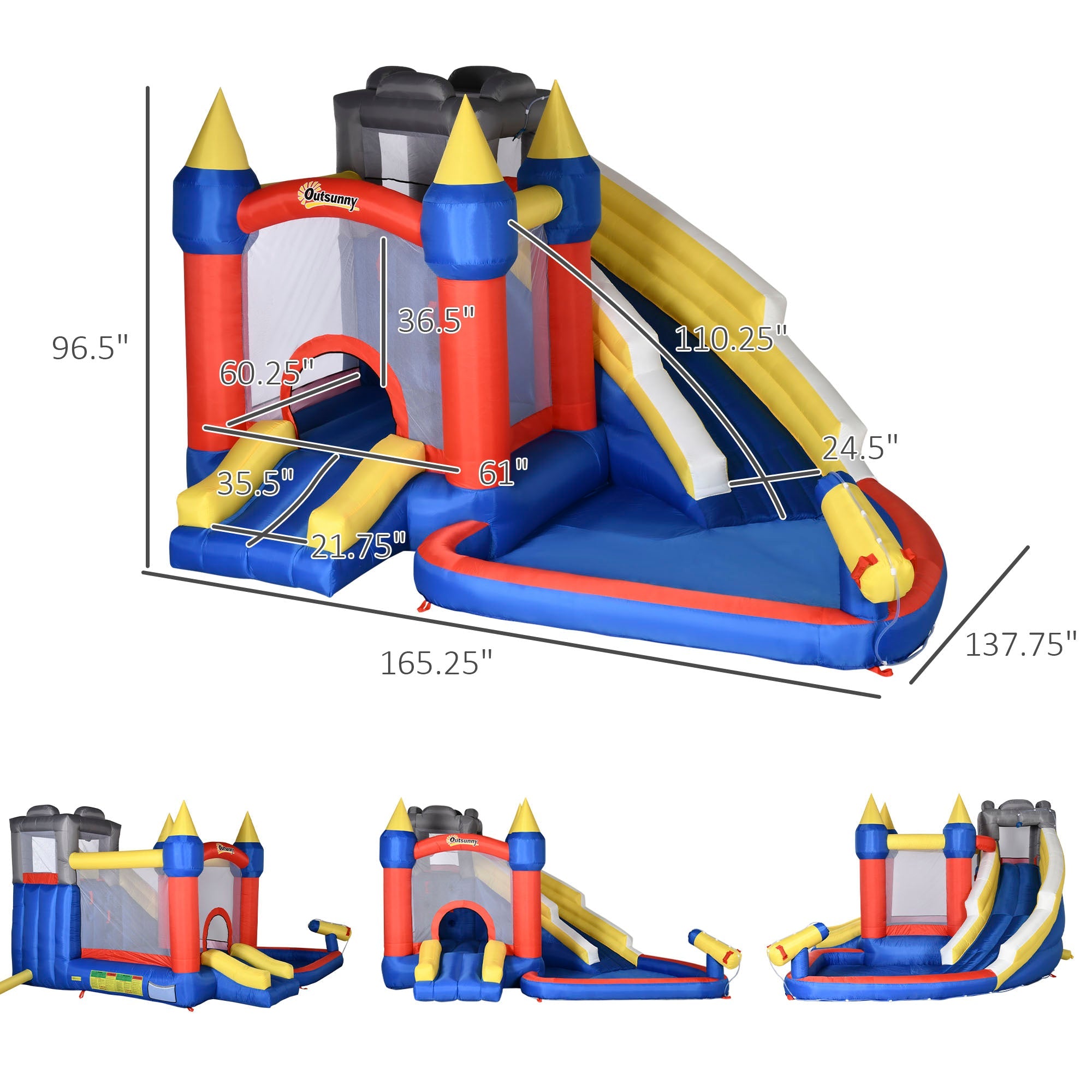 Outsunny 6-in-1 Inflatable Water Slide, Kids Castle Bounce House with Slide, Trampoline, Basket Hoop, Pool, Cannon, Climbing Wall Includes Carry Bag, Repair Patches, Basketball, 680W Air Blower