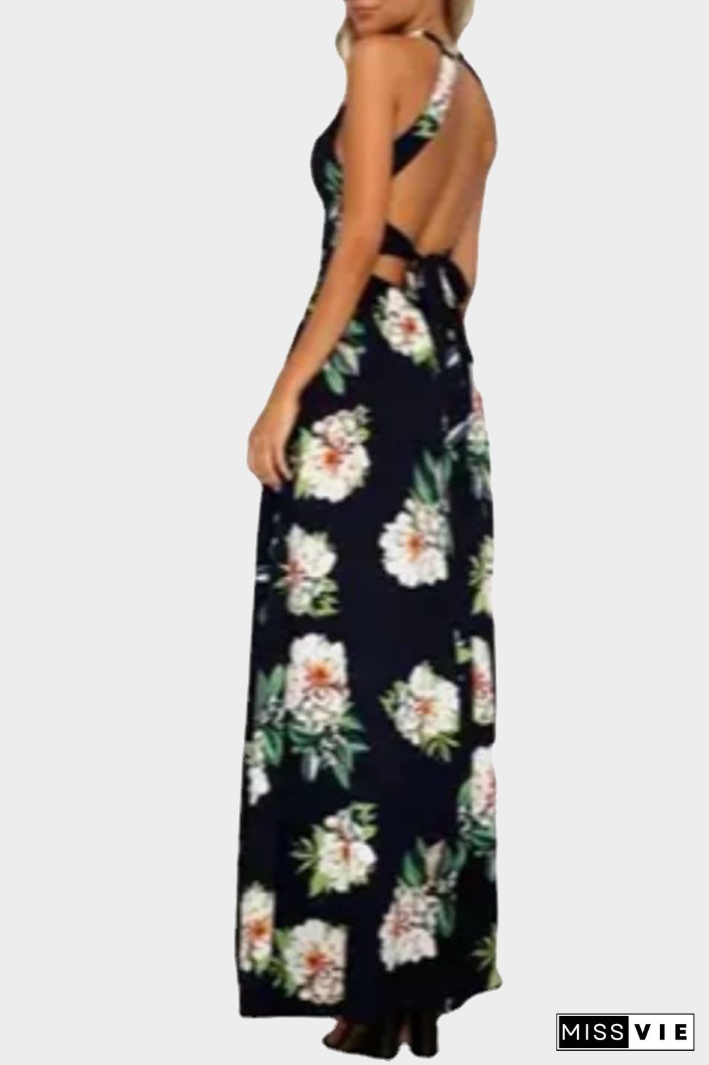 Elegant Floral Backless Slit Strap Design Halter Dresses(3 Colors)