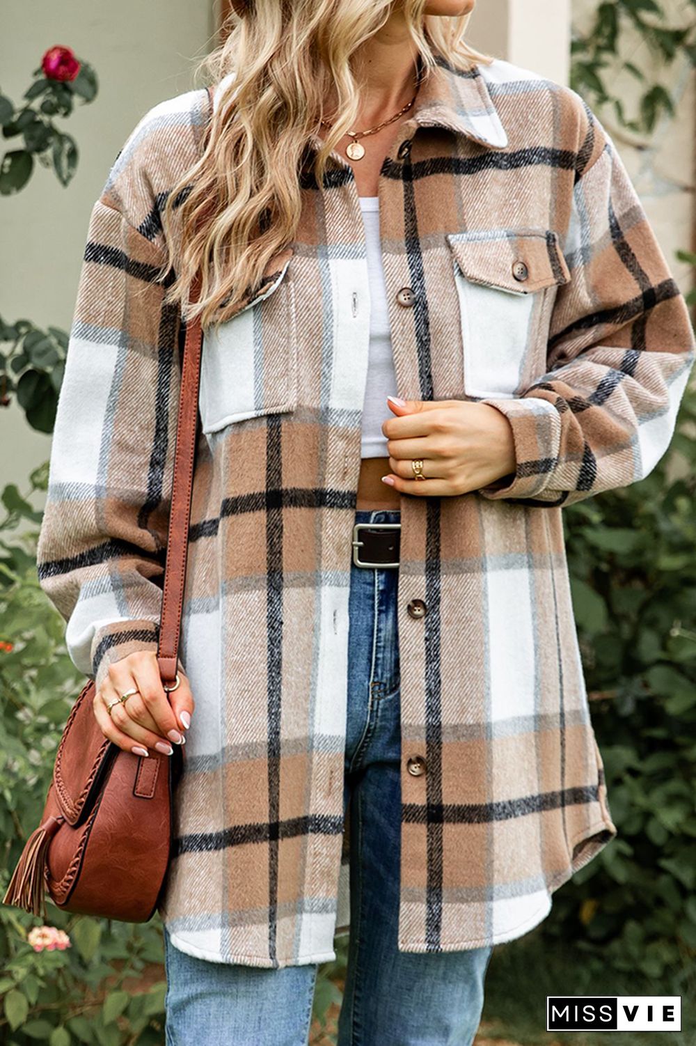 Button Pockets Plaid Shacket Jacket