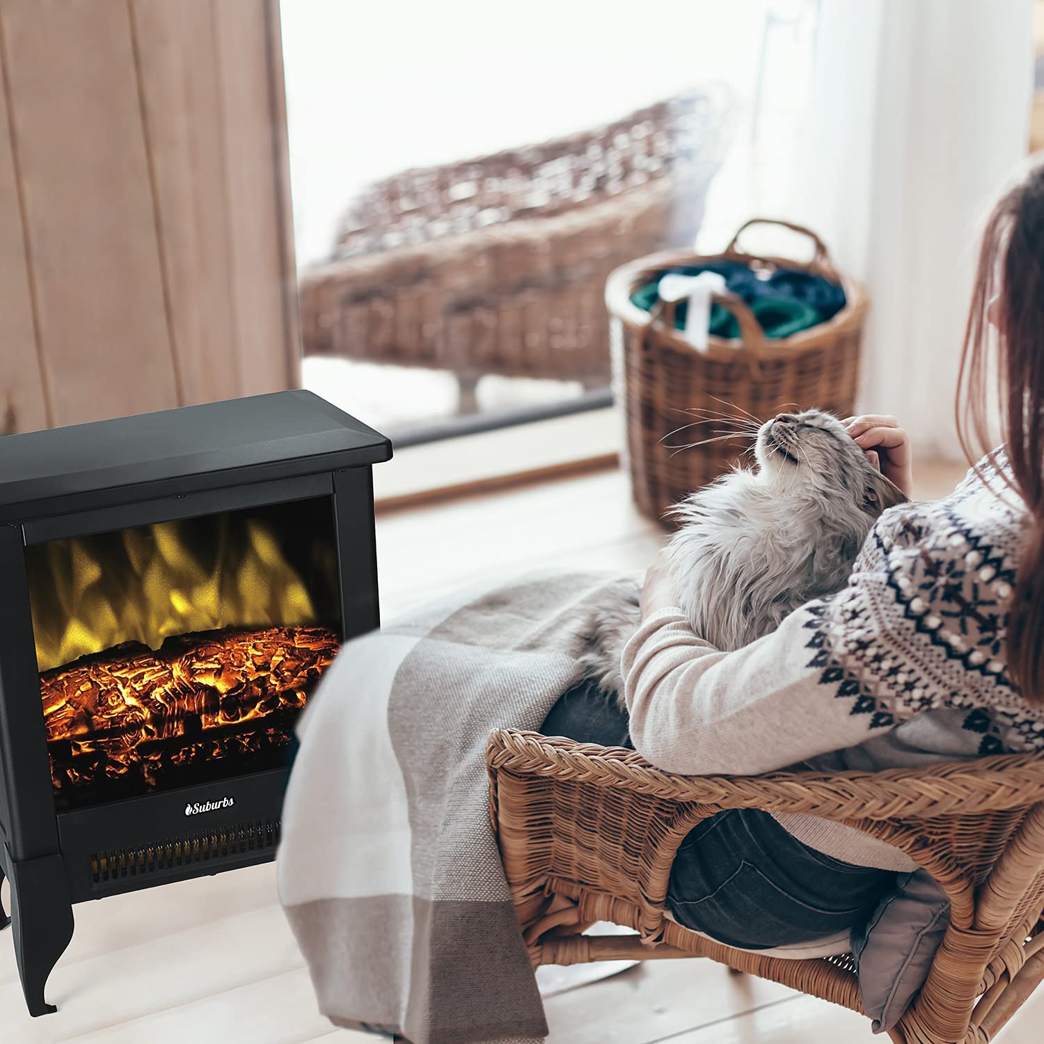 Turbro Suburbs TS17 Compact Electric Fireplace Stove, 18” Freestanding Stove, Realistic Flame , Overheating Safety Protection- 1400W