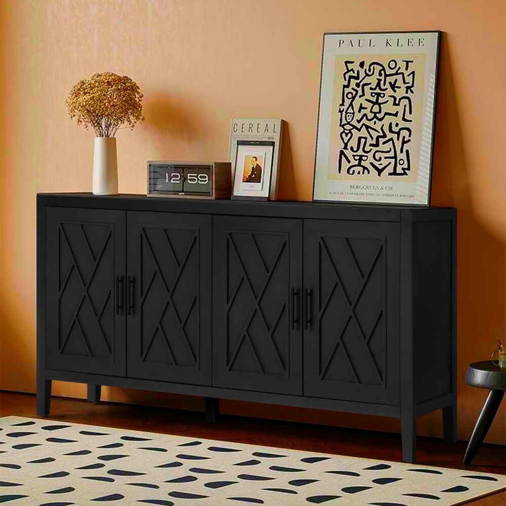 4 Door Wooden Twill Sideboard Cabinet  Vintage Style Buffet Sideboard  Hallway Entryway Storage Cabinet