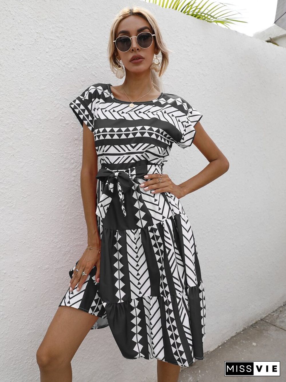 Dresses For Women Summer Printed Dress Waist Round Neck Short Sleeve Mid-length Skirt Fashion Street Women's Dress Robe