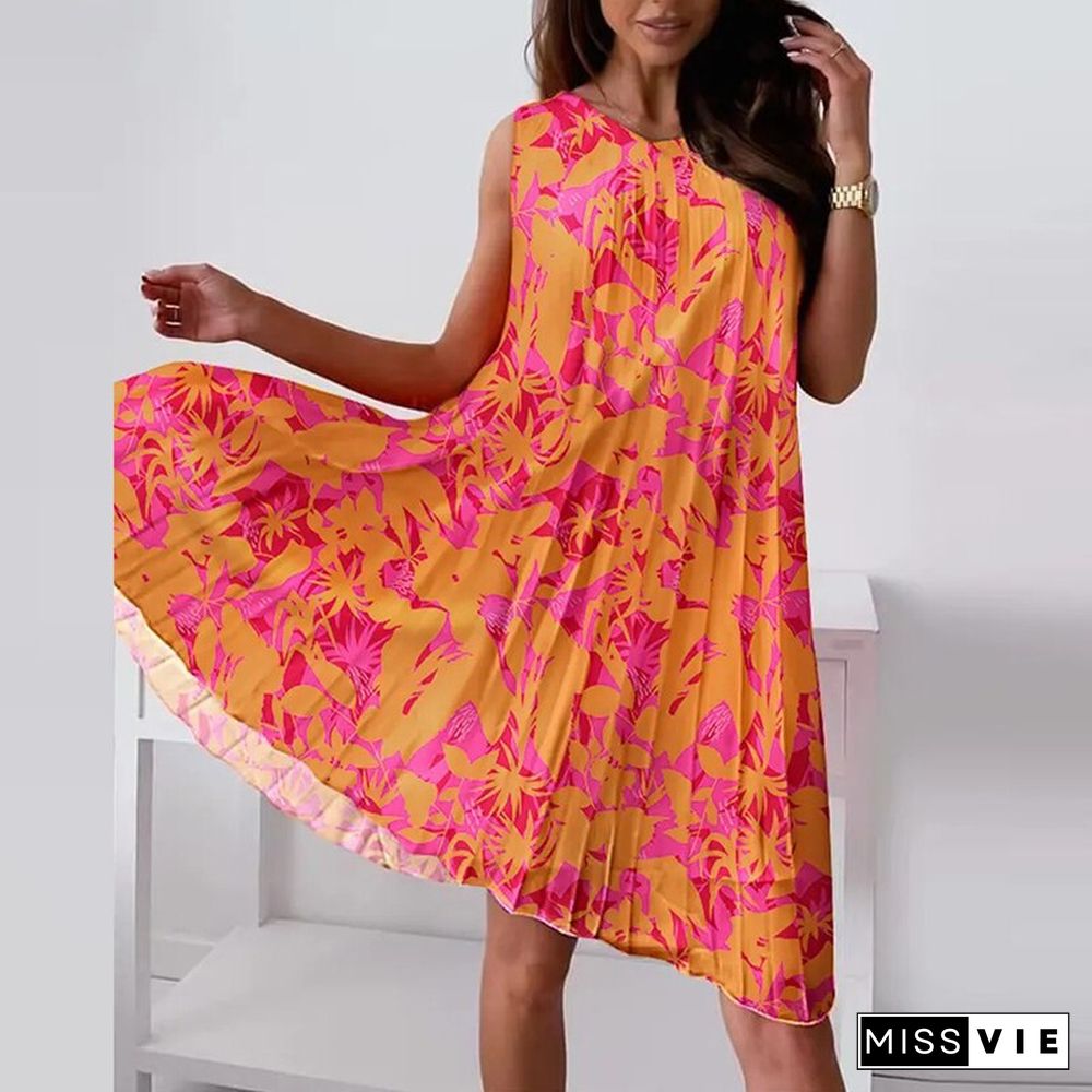 Women Floral Print Loose Chiffon Party Dress Elegant Casual O Neck Pleated Tank Beach Dress Sexy Sleeveless A-Line Mini Dresses