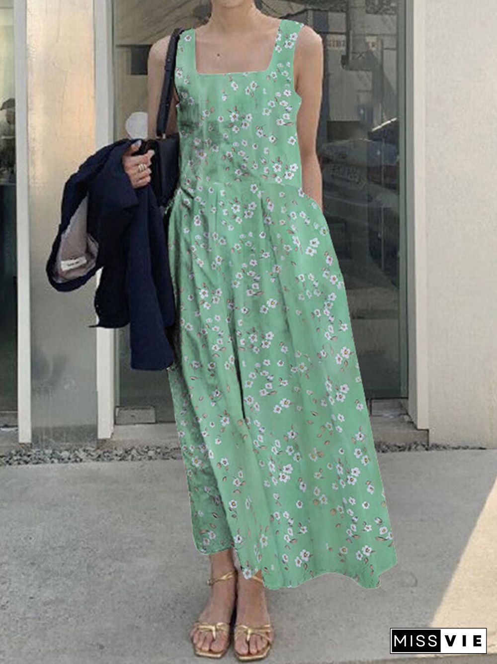 Floral Print Ruched Sleeveless Square Collar Maxi Dress