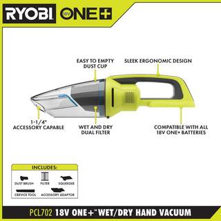 RYOBI ONE+ 18V Cordless WetDry Hand Vacuum Kit with 2.0 Ah Battery and Charger PCL702K