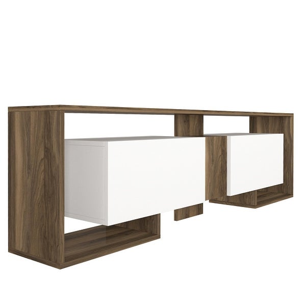 71 Inch Wooden TV Console Entertainment Media Center， 2 Piece Set， Wall Mounted Floating Shelf， White， Brown