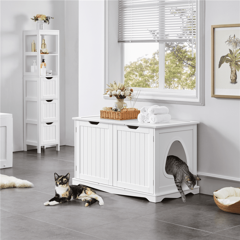 SmileMart Wooden Cat Litter Box Side Table Washroom Storage Bench with Divider， White