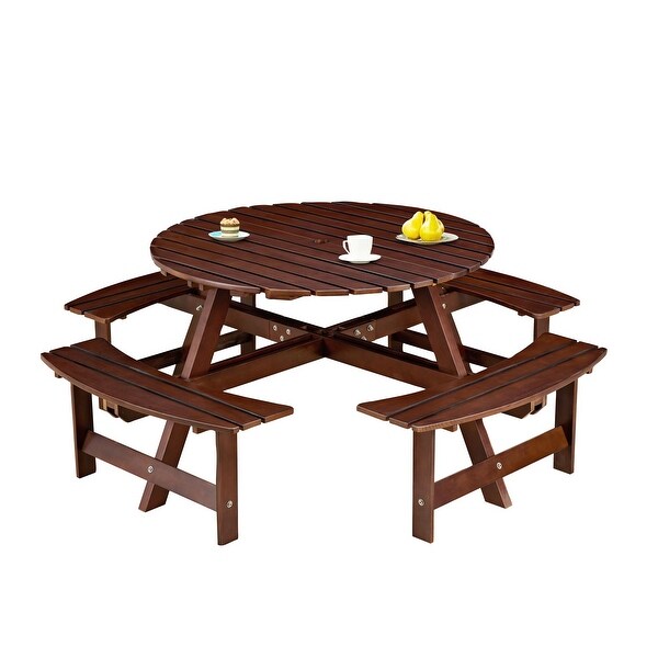 Outdoor 8Person Round Picnic Table with 4 Benches，Umbrella Hole