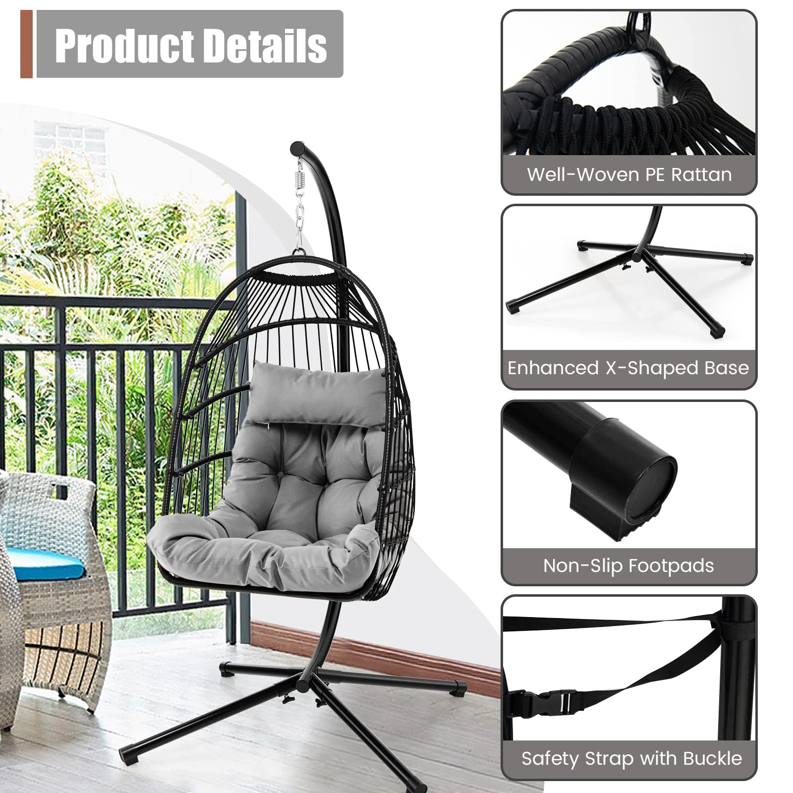 Giantex Egg Chair with Stand, Hanging Basket Chair Hammock Chair w/ Steel Stand Pillow Seat Cushion Rattan Basket & Dust Cover