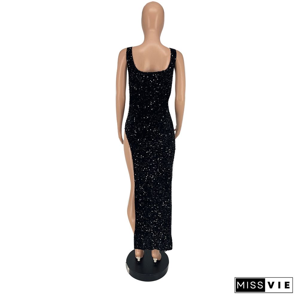 Velvet Sequin Stretch Slit Sleeveless Cocktail Dress