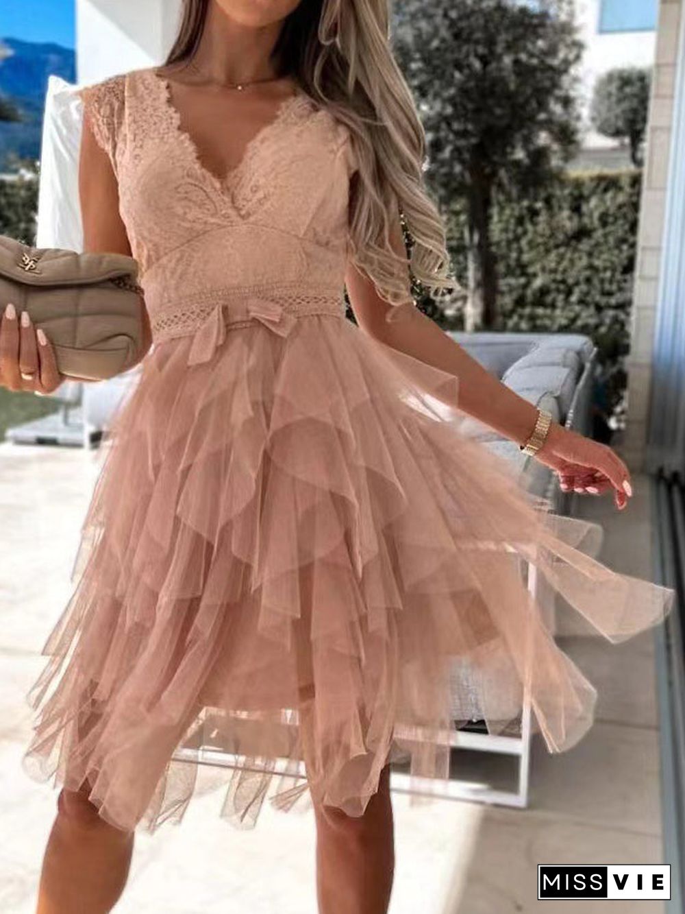 Women'S Dresses V-Neck Lace Mesh Irregular Dress