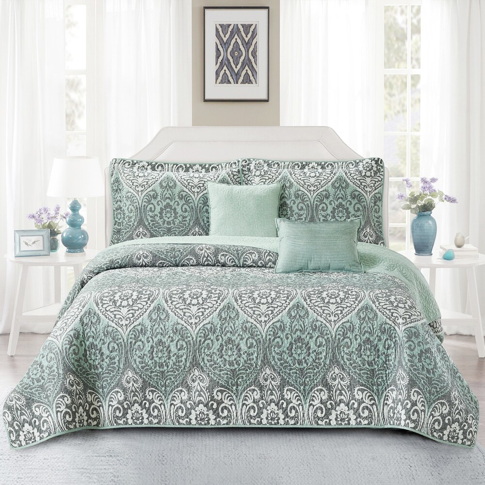 Home Soft Things 5 Piece Kingston Damask Printed Microfiber Quilts