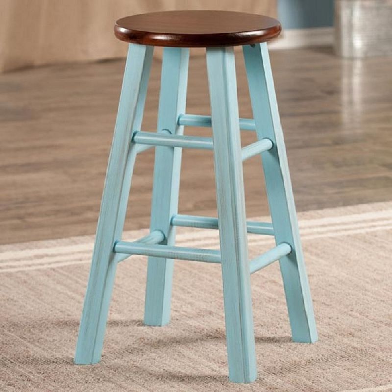 24” Rustic Light Blue Round Counter Stool with Walnut Seat