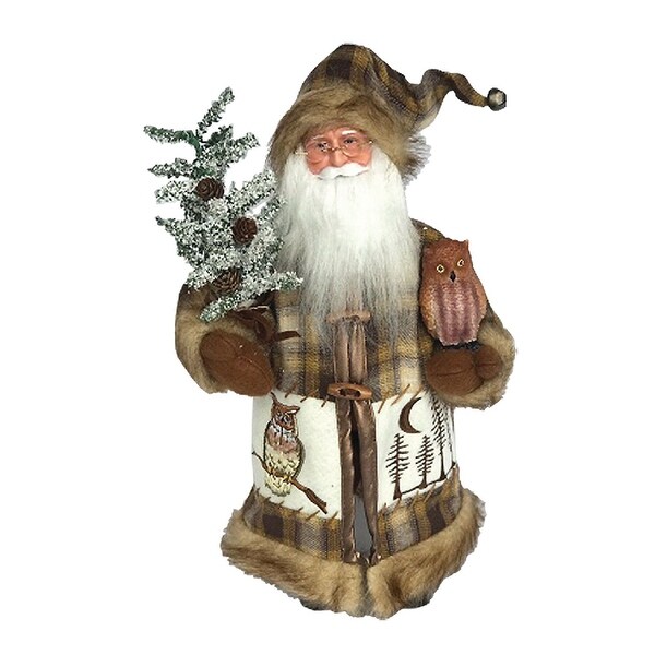 16 Standing Brown Plaid Santa Christmas Figure with Owl Flocked Tree