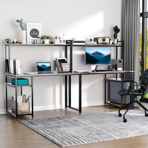 Homcom 94 5in Industrial Double Computer Desk With Hutch And Storage Shelves Extra Long Home Office Writing Table 2 Person Workstation Cpu Stand