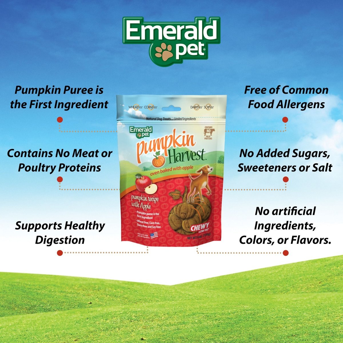 Emerald Pet Pumpkin Harvest Oven Baked With Apple Chicken-Free Dog Treats， 6-oz bag