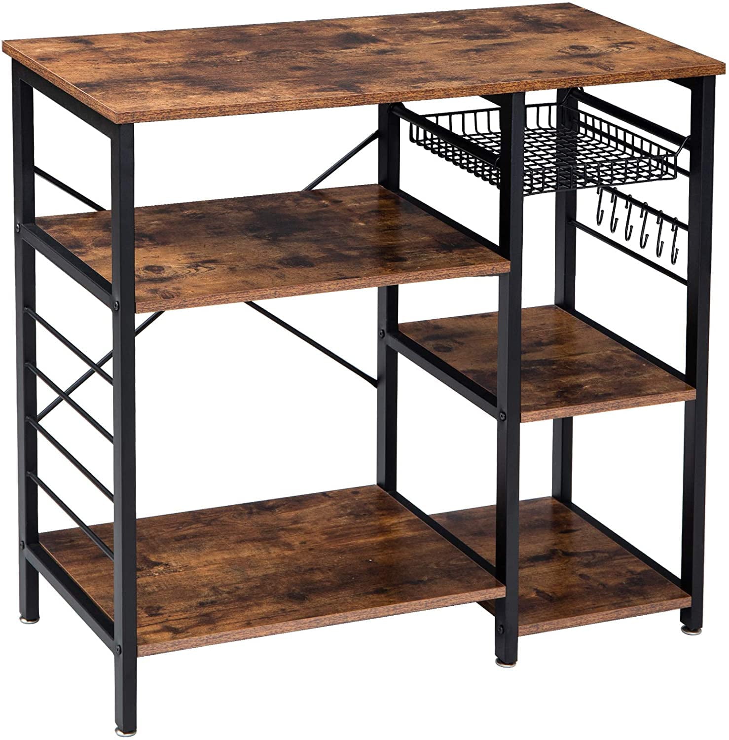 CAIHONG 4-Tier Kitchen Baker's Rack， Coffee Bar Microwave Stand Cart Kitchen Organizer Shelf with Wire Basket and 6 Hooks Utility Storage Shelf Rack ， Rustic Brown， 35.4*33.1*15.75