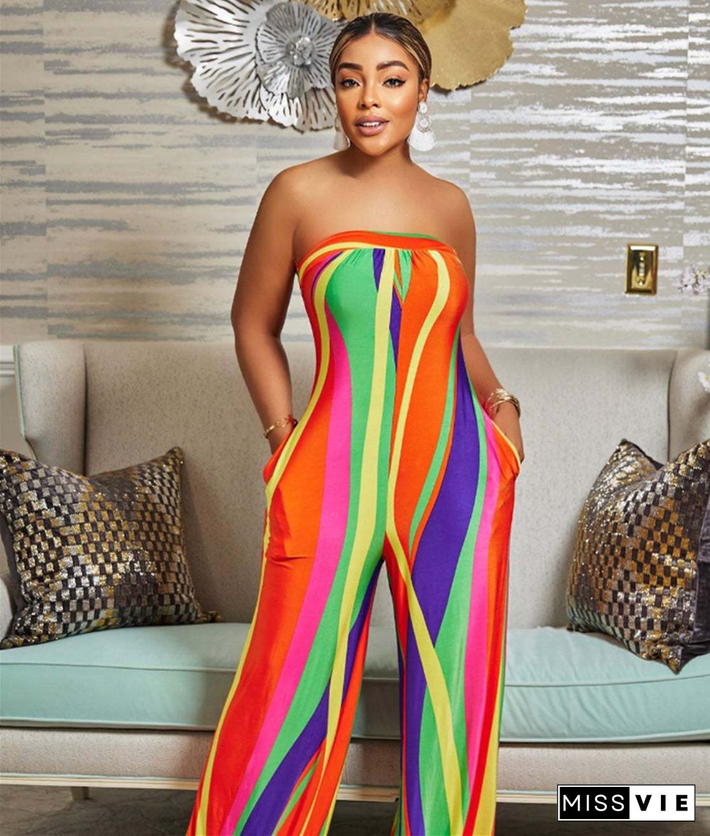 Elegant Striped Strapless Backless Wide Leg Jumpsuit