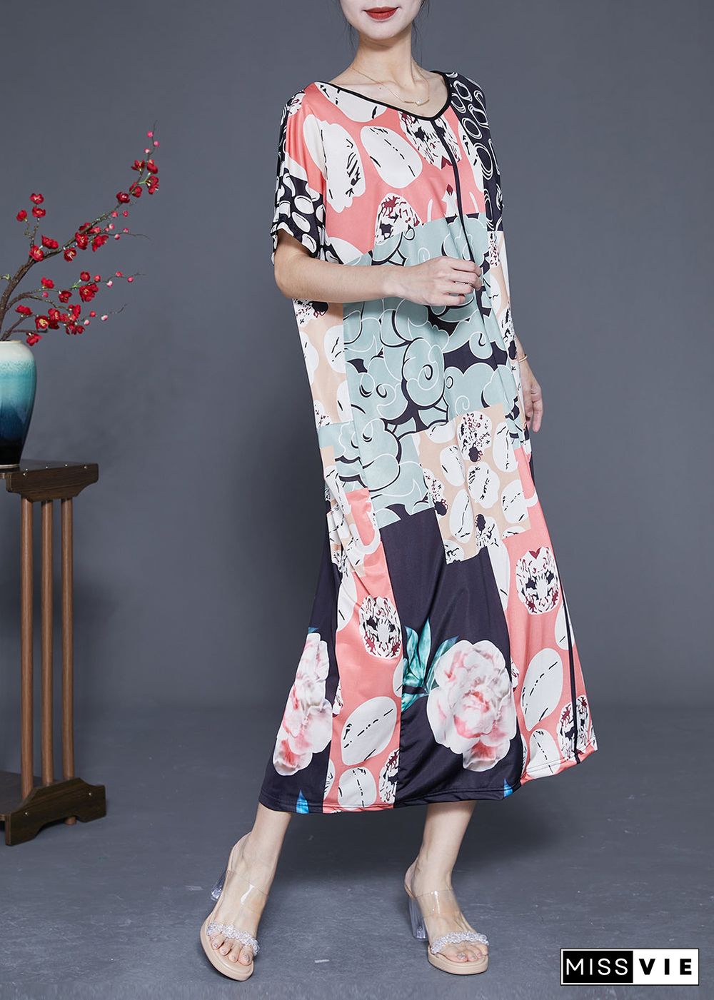 Casual Colorblock V Neck Print Silk Vacation Dresses Summer